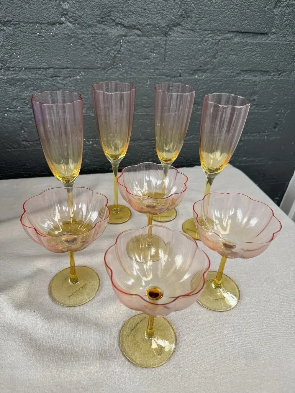 Anthropologie Lille Coupe Champagne Glasses Set of 8 Ombre Scalloped Glass